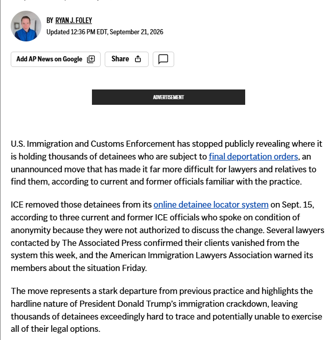 ReichlinMelnick's tweet photo. 🚨NEW from @AP: ICE is now electronically "disappearing" people in the agency's custody who have final orders of removal.

As of last week, anyone jailed by ICE with a final order of removal will NOT appear in the Online Detainee Locator System, making them effectively vanish. https://t.co/pMi4hy8B81
