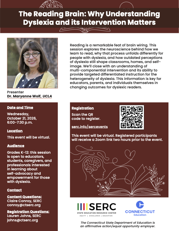 EducateCT's tweet photo. In honor of #DyslexiaAwarenessMonth, join Dr. Maryanne Wolf for a virtual session exploring the neuroscience of reading, dyslexia, and the importance of targeted, differentiated intervention. 

Register: https://t.co/ChfxZH9YcT https://t.co/WMV2Wfbe4F