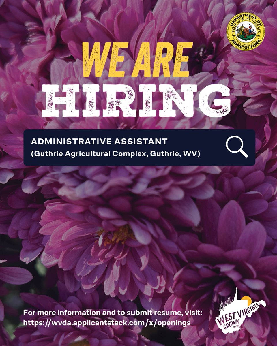 WVDeptofAg's tweet photo. The WVDA is searching for an Administrative Assistant to join our Communication team. Interested? Fill out an application today for this position or other openings with the WVDA at: https://t.co/qC1u88vZWd https://t.co/X4BrHawOV4