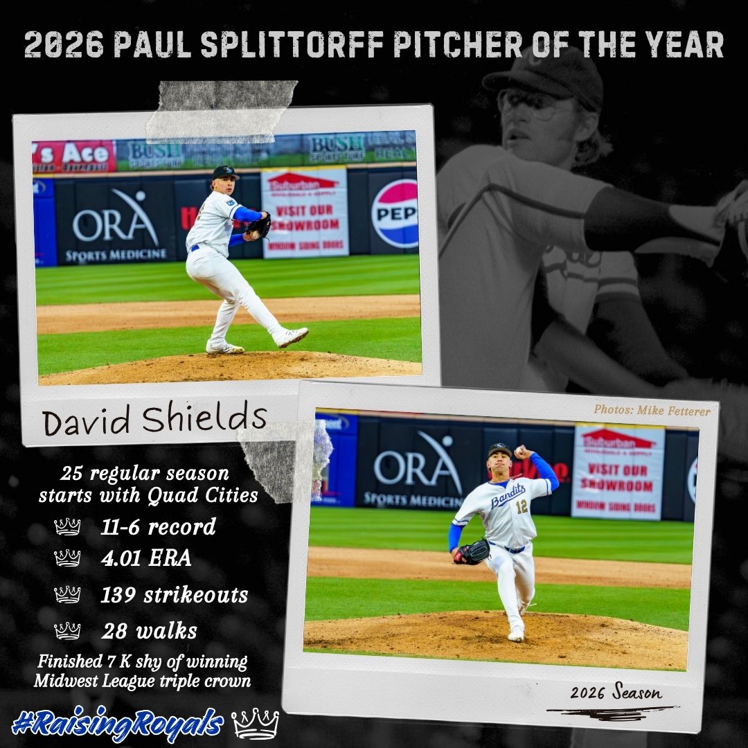 KCRoyalsPD's tweet photo. Congratulations David Shields, back-to-back winner of the Paul Splittorff Pitcher of the Year! 

#RaisingRoyals👑 https://t.co/z6a2mCVVBK