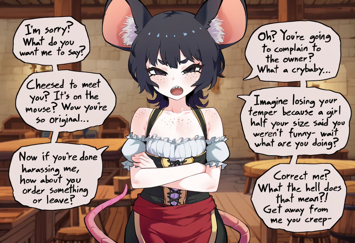 SisterPolmayan's tweet photo. Pompie as a fantasy mousegirl barmaid! There's only so many mouse and cheese puns a person can take before they turn sour, but maybe she reacted a bit too harshly? 😬

Spicy "correction" continuation on alt! https://t.co/v5Tr917Uk3