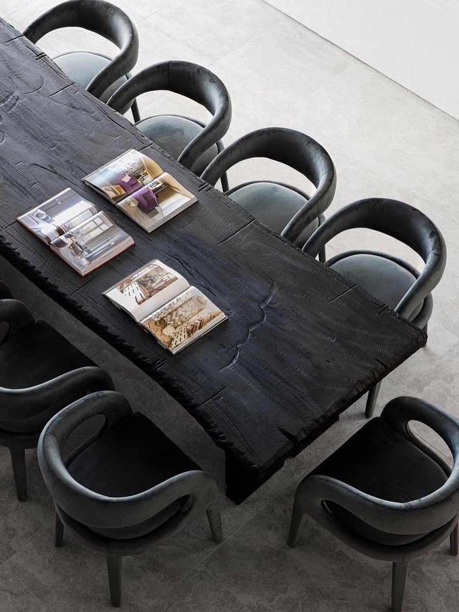 sofiahallfch0at's tweet photo. Primordial Matter

A table seemingly carved by time—raw, authentic, alive. Charred wood contrasts with velvety chairs, balancing strength and comfort. Every grain and imperfection becomes a style statement: an invitation to share, primitive yet https://t.co/1692Tsof72