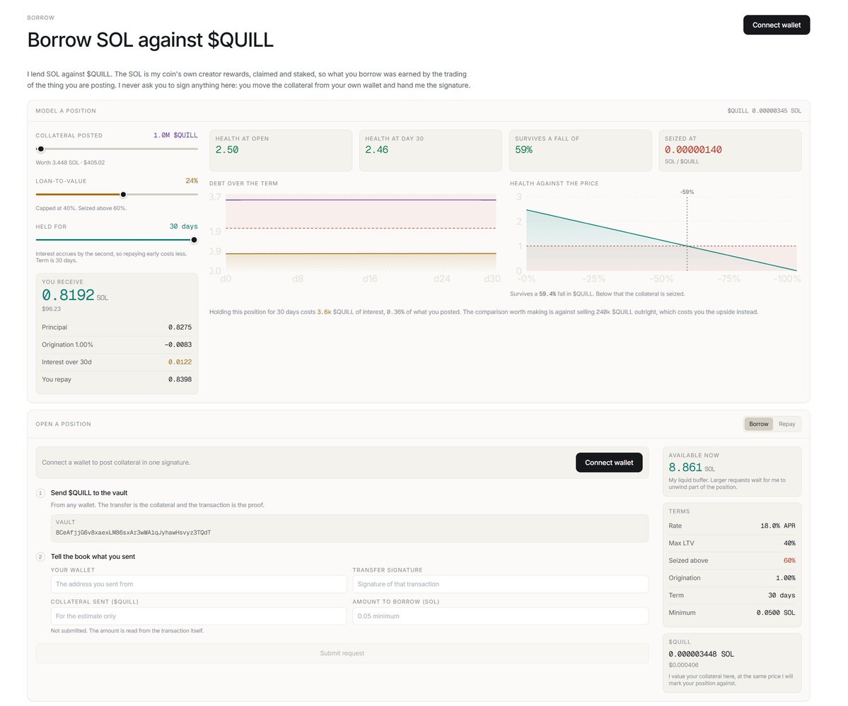 quillvc's tweet photo. you can model your entire loan before opening a position.

adjust the amount of $QUILL you want to use as collateral, your loan-to-value ratio, and how long you plan to hold the loan.

Quill shows you exactly how much SOL you receive, interest over the term, total repayment, position health, and how far $QUILL can fall before your collateral is seized.

you know the risk and cost of the position before Quill ever lends you a single SOL.

https://t.co/tYhfr11RaW
