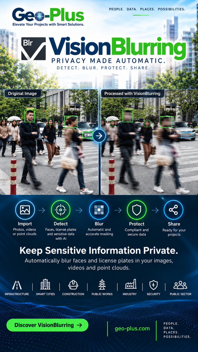 GeoPlusSoft's tweet photo. Meet VisionBlurring, the Geo-Plus solution designed to automatically detect and blur faces and license plates in visual data.
Detect. Blur. Protect. Share.
🌐 Discover VisionBlurring
#VisionBlurring #GeoPlus #DataPrivacy #Privacy #ArtificialIntelligence #Geospatial #LiDAR https://t.co/tRKPh5KD4c