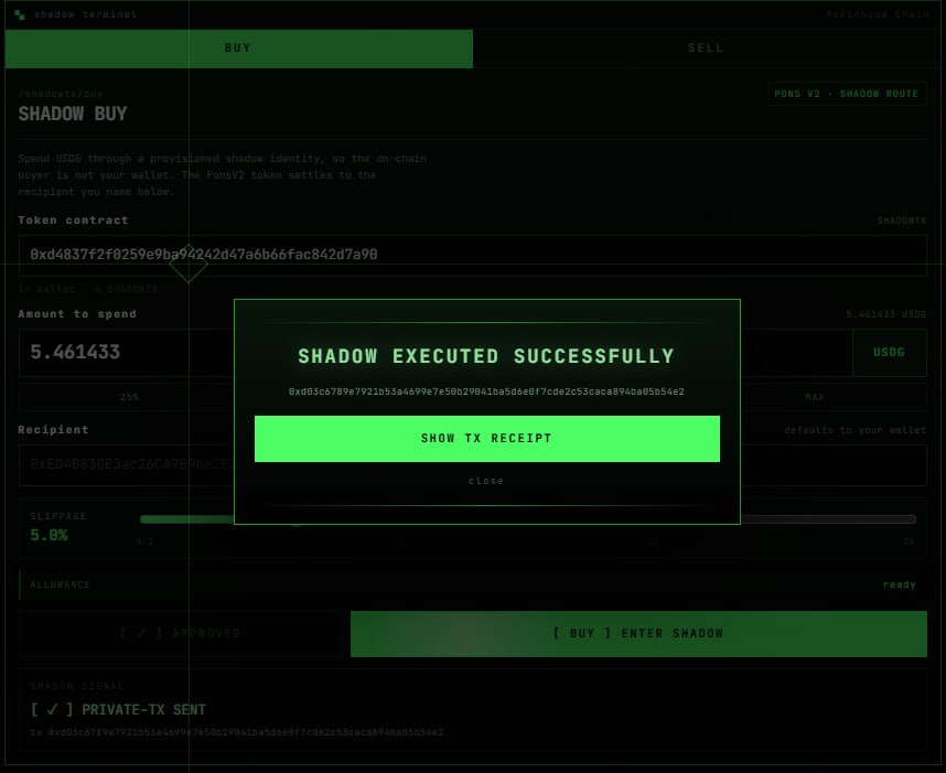 ShadowTX_RH's tweet photo. onchain proof $SHADOWTX works.

bought $5 through the dev wallet. Shadow executed it through a separate identity, so the dev wallet never showed as the obvious buyer.

your wallet signs. Shadow executes.

TX: https://t.co/M9S4bdMyaL

0xd4837f2f0259e9ba94242d47a6b66fac842d7a90 https://t.co/dUY5jMFUG4