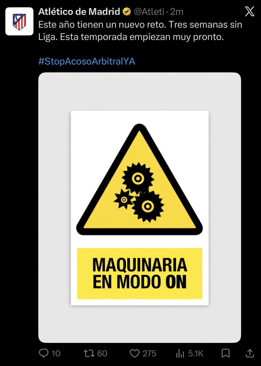 atletiuniverse's tweet photo. 💣🚨 BREAKING - Atlético Madrid with another statement: "This year they have a new challenge. Three weeks without league football. This season, they’re starting very early.
#StopRefereeHarassmentNOW" https://t.co/id9VUiYDpf