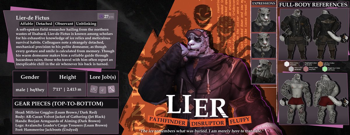 pseudopaws's tweet photo. ❄️Meet Lier! ❄️
I've been wanting to make a Deadlock-inspired reference sheet for my FF14 chracter, and I'm really happy with how it turned out! He's about 20% muscle and 80% fuzz, yyyep 😶‍🌫️

many twisted narratives in the making... mhm, mhm...
#oc #refsheet https://t.co/Yqq4nkOWJG