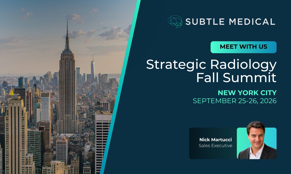 SubtleMedical's tweet photo. We are heading to #NewYorkCity for the #StrategicRadiology Fall Summit! 🏙️

If you are attending the Fall Summit, come find the Subtle Medical team at Booth #3 and say hello.

📅 September 25-26, 2026
📍 New York, NY
🏢 Booth #3 https://t.co/bC5ckzIi02
