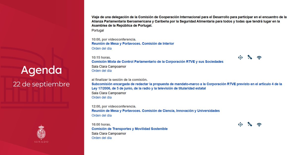 Senadoesp's tweet photo. 👉Agenda del #Senado para mañana #22septiembre:

➡️ Actividad de Comisiones
➡️ Actividad Institucional

📄 https://t.co/pkJUVIw69f https://t.co/1Nv9dan5FD