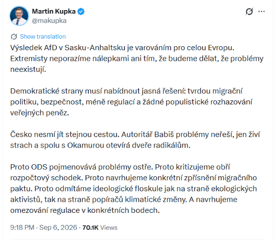 realPetrSvec's tweet photo. Vypadá to, že žádný odsuzující post k Die Linke od lídra ODS nebude. Normálně se jede anti-Babiš, o výhře levicových extremistů v Berlíně ani čárka.

Přitom u AfD to před dvěma týdny šlo. Vypadá to, že kopnout si do extrémní pravice je pro ODS povinnost, kterou rádi plní spolu se všemi ostatními stranami, zato vymezit se vůči extrémní levici netřeba.

Myslím, že to velmi dobře ilustruje, v jaké části spektra směrem od středu se ODS reálně nachází. Buď to, anebo jsou to prostě jen zbabělci. Jedno z toho. Anebo možná spíš obojí.