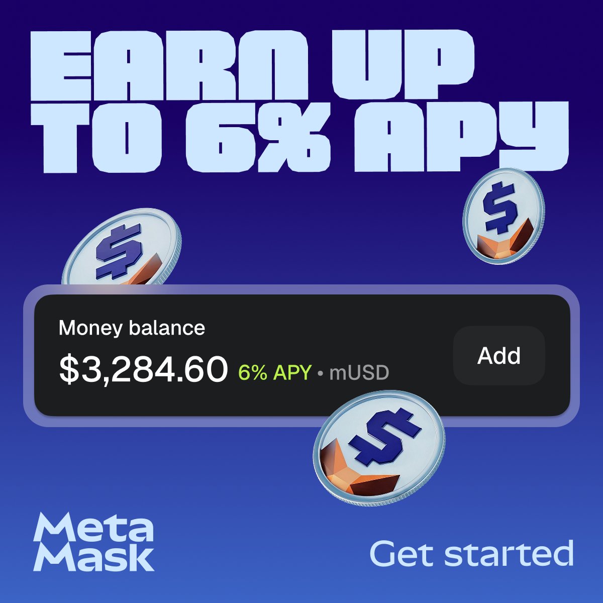 MetaMask's tweet photo. MetaMask Money Account. Trade, send, spend as your balance keeps earning. No hidden fees, no lockups.