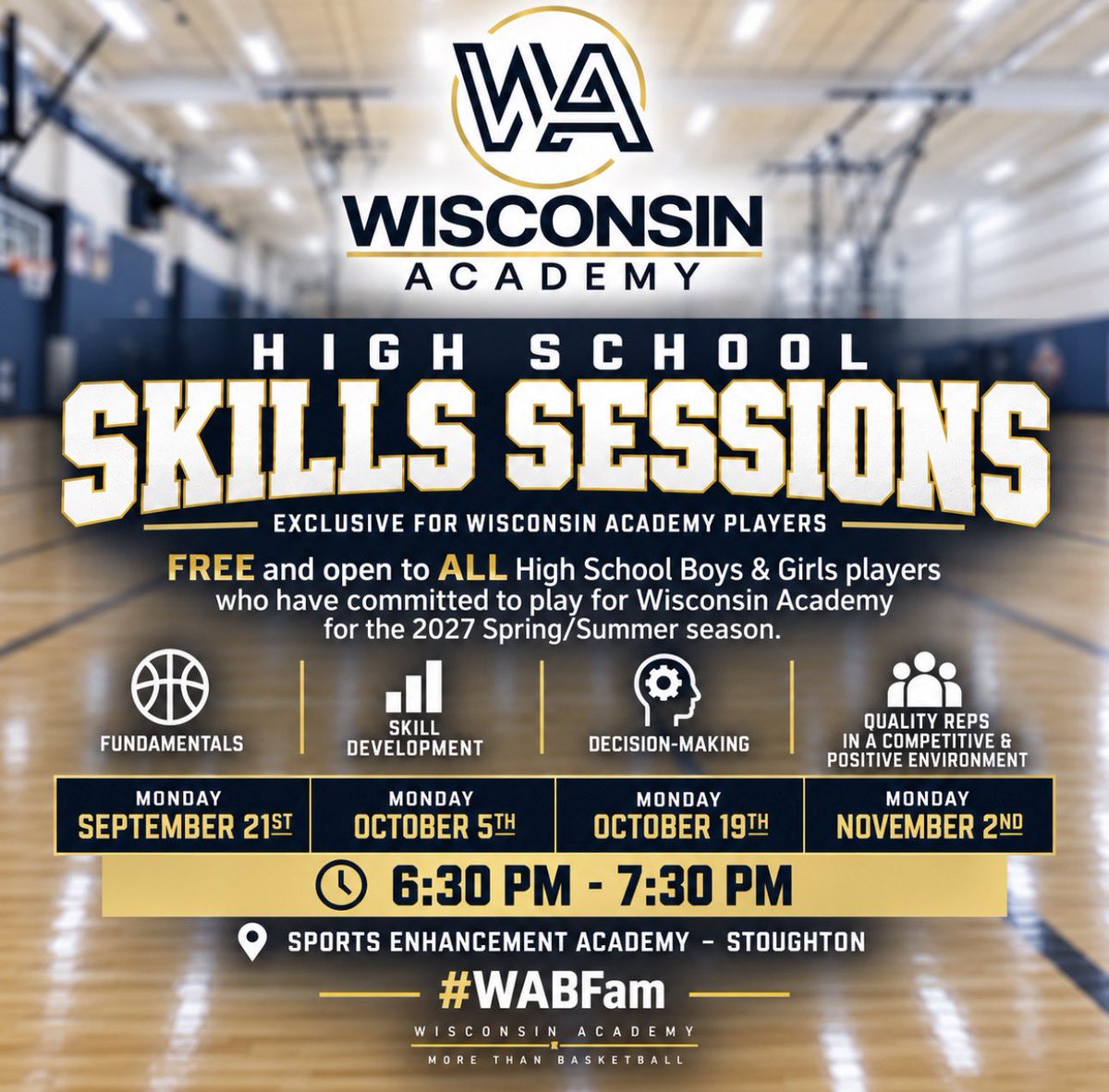 WiscoAcademy's tweet photo. 🚨WA HS SKILLS SESSIONS🚨

Our FREE Skills Sessions begin TONIGHT!

📅 • Sept. 21 | Oct. 5 | Oct. 19 | Nov. 2
⏰ • 6:30–7:30 PM
📍 • SEA–Stoughton (@SEAFacilities)

Open to ALL HS Boys & Girls committed to Wisconsin Academy for the 2027 season.

Come ready to work! Come ready to compete!

#WABFam
