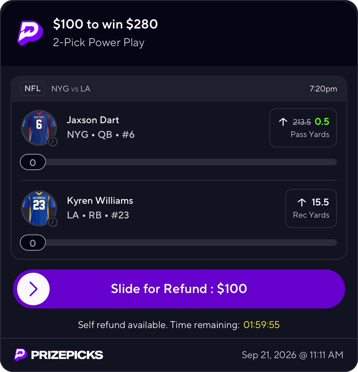 gr_ls1's tweet photo. NFL 🏈 2 Legs 🦵🔥 

 Jaxson Dart discount 0.5 Pass Yards 
Kyren Williams over 15.5 Rec Yards 

Y'all tail wit green☘️ join discord link on bio 🔥 https://t.co/4xXWXWvDp0