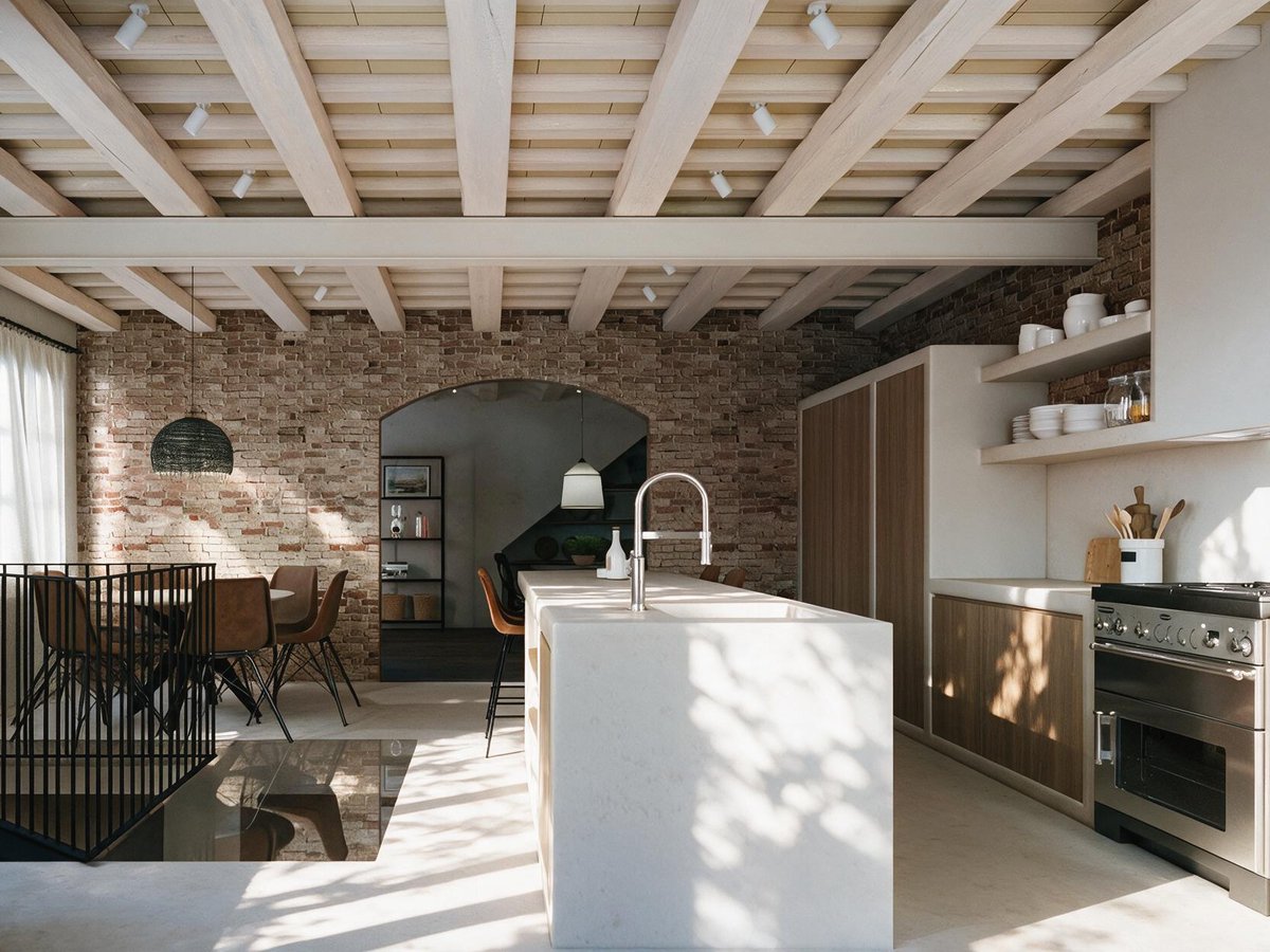 stellarobertsm0's tweet photo. Material choices were key to restoring the home’s traditional character. Wood, stone, natural iron, clay, linen, and cotton blend with light, tan, and sand tones to create a warm, bright, serene atmosphere. https://t.co/NvABTcFXZI