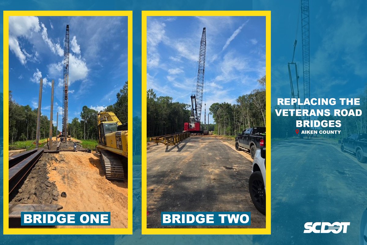 SCDOTPress's tweet photo. SCDOT is replacing the two bridges along Veterans Road over the South Edisto River in Aiken County! 🏗️

The new bridges will be able to support traffic for longer than the existing bridges, once they’re completed. The project is on track to be completed next year. 👍 https://t.co/8na3F34n40
