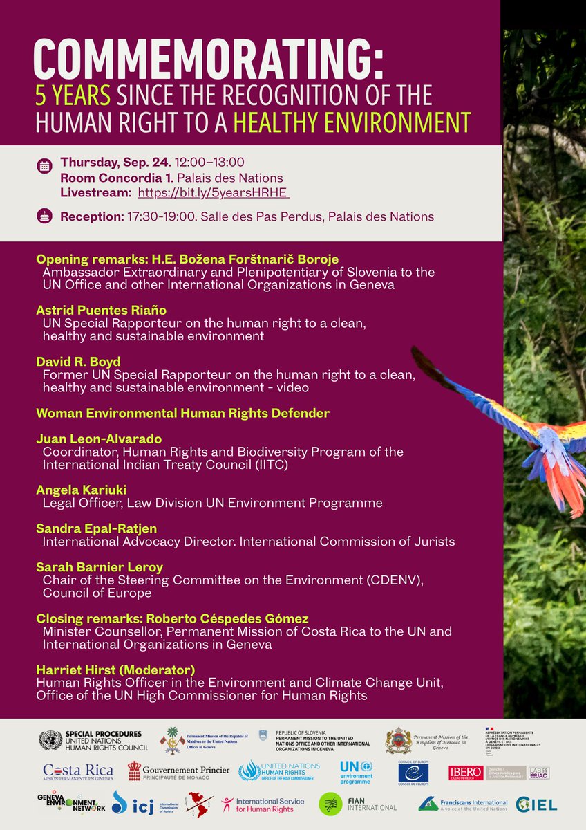 SREnvironment's tweet photo. This Thursday! 🌱 Join us to celebrate 5 years since the United Nations Human Rights Council (@UN_HRC) recognized the human right to a clean, healthy and sustainable environment. https://t.co/jkYX2vfZVU