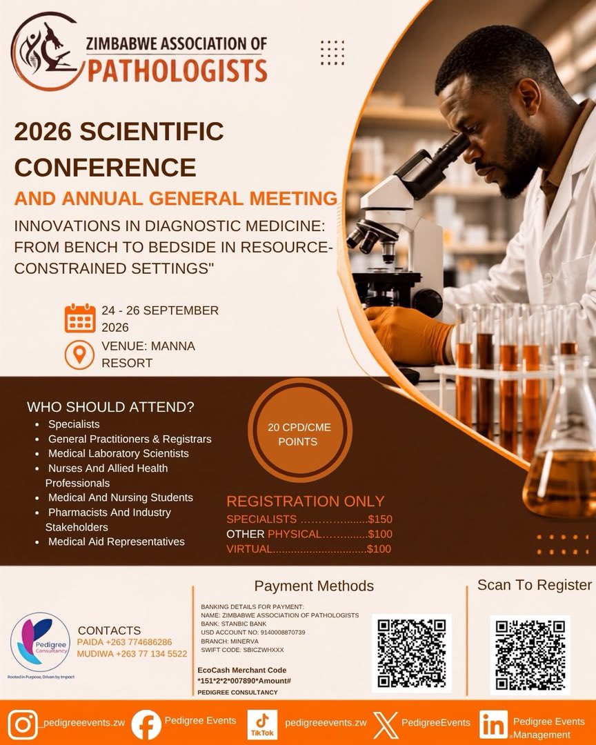 PedigreeEventss's tweet photo. 🧬 ZAP 2026 Scientific Conference &amp; AGM

Theme: Innovations in Diagnostic Medicine: From Bench to Bedside in Resource-Constrained Settings

📅 24–26 Sept 2026
📍 Manna Resort
⭐ 20 CPD/CME Points https://t.co/vqP5ACLae8