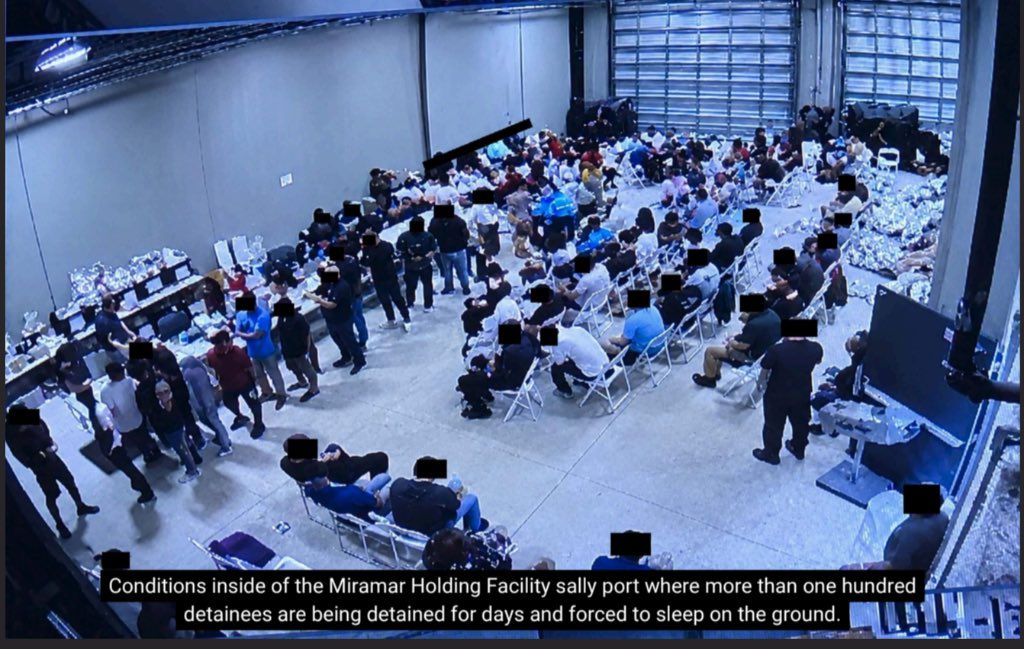tomaskenn's tweet photo. Whistleblower photos from the Miramar ICE building, where hundreds of migrants are being illegally held for days in overcrowded rooms like the one below, where they are forced to sleep on the ground: https://t.co/SXTMMoIH40