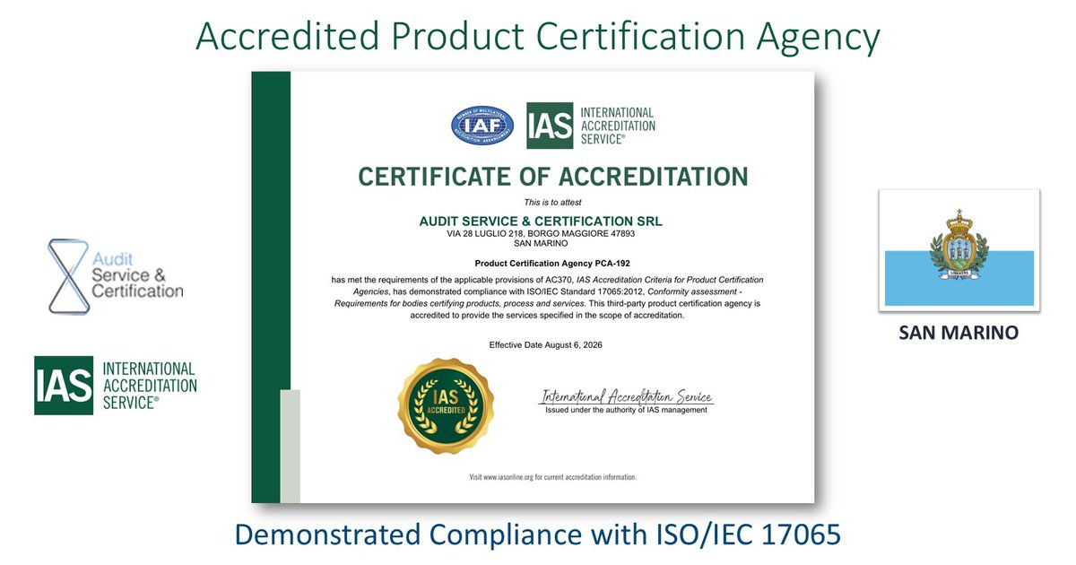 IntlAccredSvc's tweet photo. Congratulations Audit Service & Certification in San Marino for becoming an IAS Accredited Product Certification Agency. Demonstrating compliance with ISO/IEC 17065. https://t.co/djhvRPp8gN
#ConformityAssessment #IASAccredited #Accreditation #PCA #ISO17065 #ProductCertification https://t.co/dXAnbUkhEu