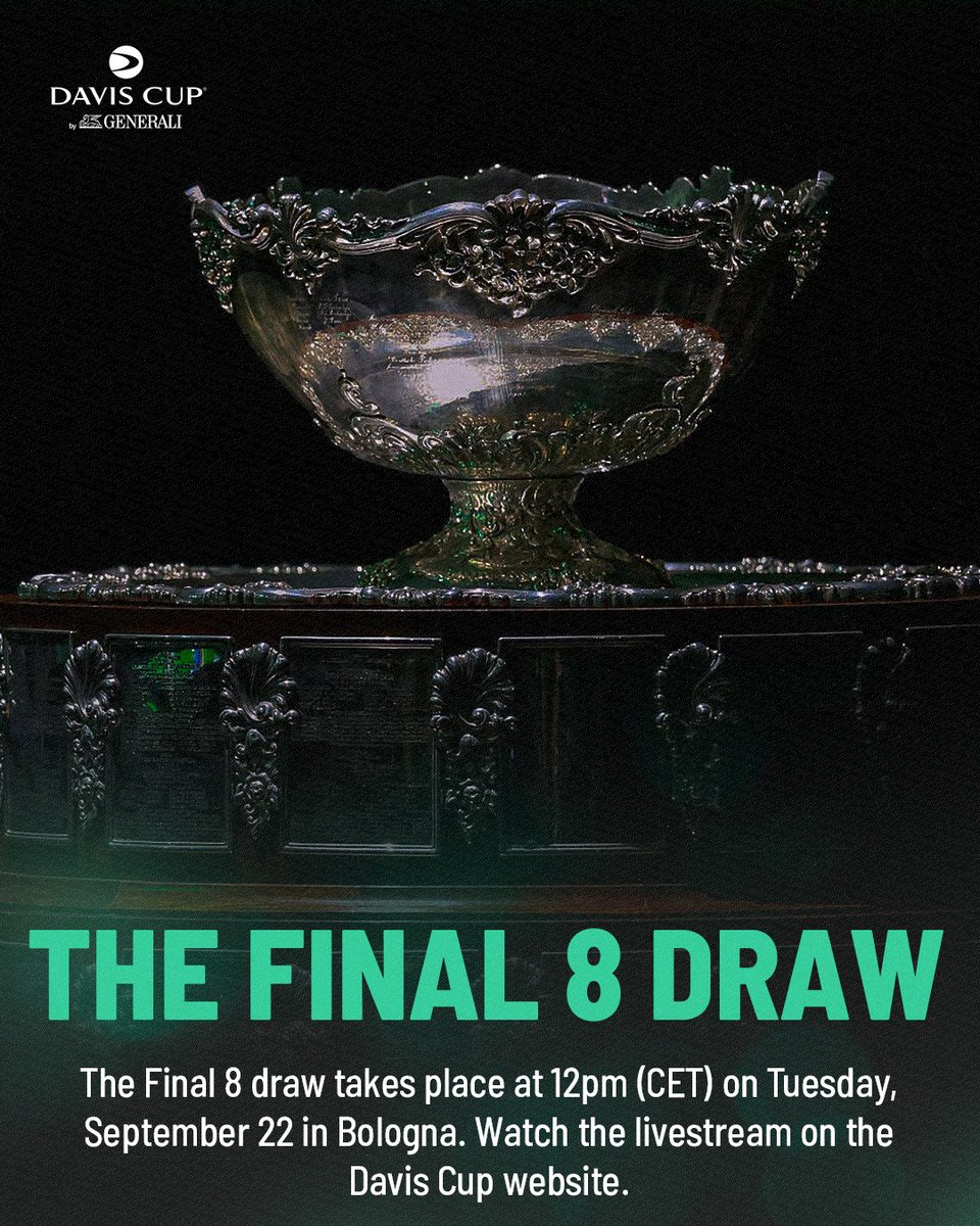 DavisCup's tweet photo. The Final 8 draw takes place at midday (CET) on Tuesday, September 22 in Bologna ⏰

Read more: https://t.co/y1y1oZ2fFP https://t.co/efcOoMuhG5