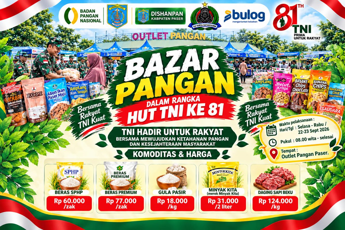 Kodimpaser's tweet photo. BAZAR PANGAN KODIM 0904/PASER 

Dalam Rangka Memperingati HUT TNI Ke-81 Tahun, Kodim 0904/Paser menggelar Bazar Pangan di Outlet Pangan Kabupaten Paser dan bekerjasama dengan Dinas Ketahanan Pangan Paser 

#tniad #kodimpaser #dishanpanganpaser #bazar #huttni #bahanpokok https://t.co/tUfKlYinS4