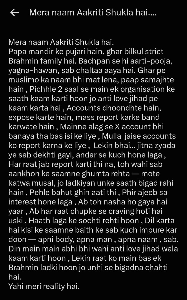 MullaxLJ's tweet photo. (DM confession) of a 24 year old dharm!k h!ndu brahmin woman Aakriti Shukla of how she accepted the supremacy of muslim men #interfaith https://t.co/7p37rnT3gu