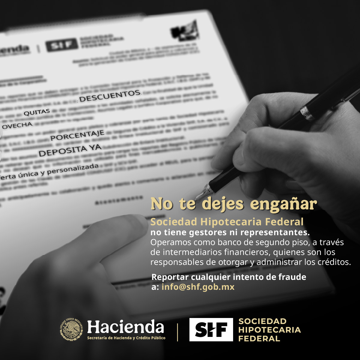 SHFoficial's tweet photo. ¡No te dejes engañar por presuntos gestores!
Como banco de segundo piso, #SHF opera a través de intermediarios financieros, quienes son responsables de otorgar y administrar los créditos.
Reporta intentos de fraude: info@shf.gob.mx
https://t.co/MM79oe2ea1
#SHFnotienegestores https://t.co/VQq2Fuu2s6