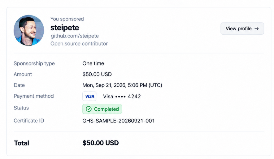 GitSponsor's tweet photo. Just sent 50USD to @steipete https://t.co/dQRWdevVTq