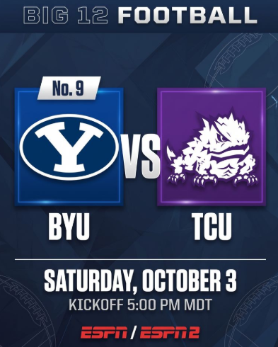Mitch_Harper's tweet photo. BYU at TCU on Saturday, October 3, will kick off at 5 p.m. (MDT). https://t.co/HFMBDH548o