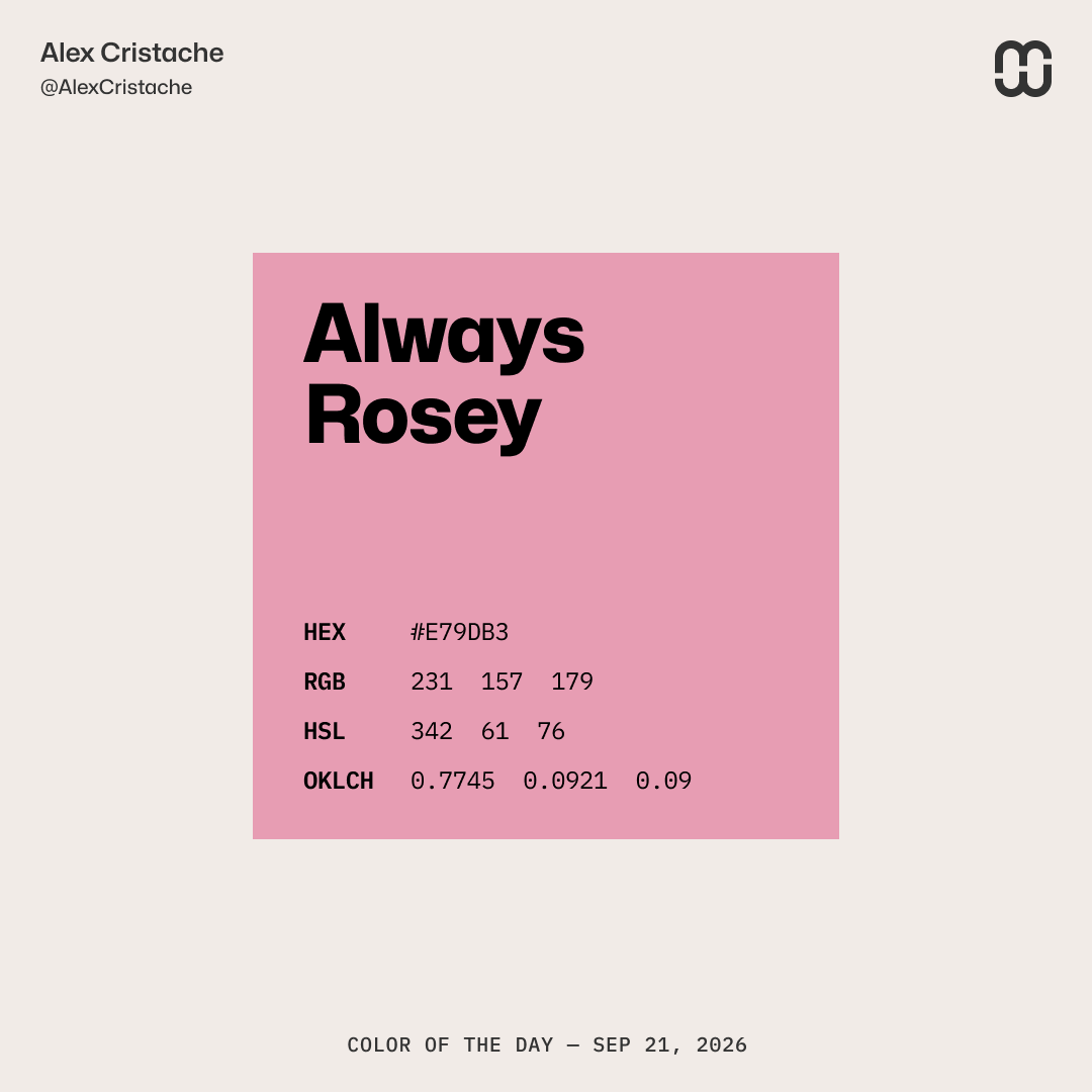 AlexCristache's tweet photo. "Always Rosey" – E79DB3 – is the Color of the Day.
Rose-colored glasses or not, this color sets a pretty optimistic outlook for the week.
#ColorOfTheDay #ColorInspiration https://t.co/4B9AiBZk7T