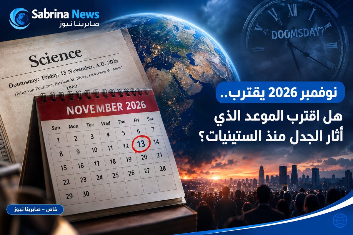 elarabsabrina's tweet photo. 🌍 Sabrina News
*الاثنين في ٢١ أيلول ٢٠٢٦*

♦️ 13 نوفمبر 2026.. لماذا أثار هذا التاريخ الجدل منذ الستينيات؟

اقرأوا التفاصيل كاملة عبر موقع صابرينا نيوز 🌐
https://t.co/9PyClD8Kql https://t.co/csDTNv33HB