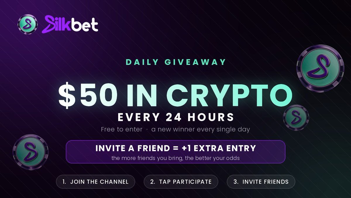 Silkbetcom's tweet photo. 🎁 $50 IN CRYPTO — EVERY 24 HOURS

One winner every single day. Free to enter.

HOW TO ENTER
1️⃣ Join the channel
2️⃣ Tap Participate below
3️⃣ Invite friends — every friend who joins through your personal link = +1 extra entry

The more friends you bring, the better your odds 🔥

Winner is drawn automatically in 24 hours. Good luck 🍀

18+ | Play responsibly