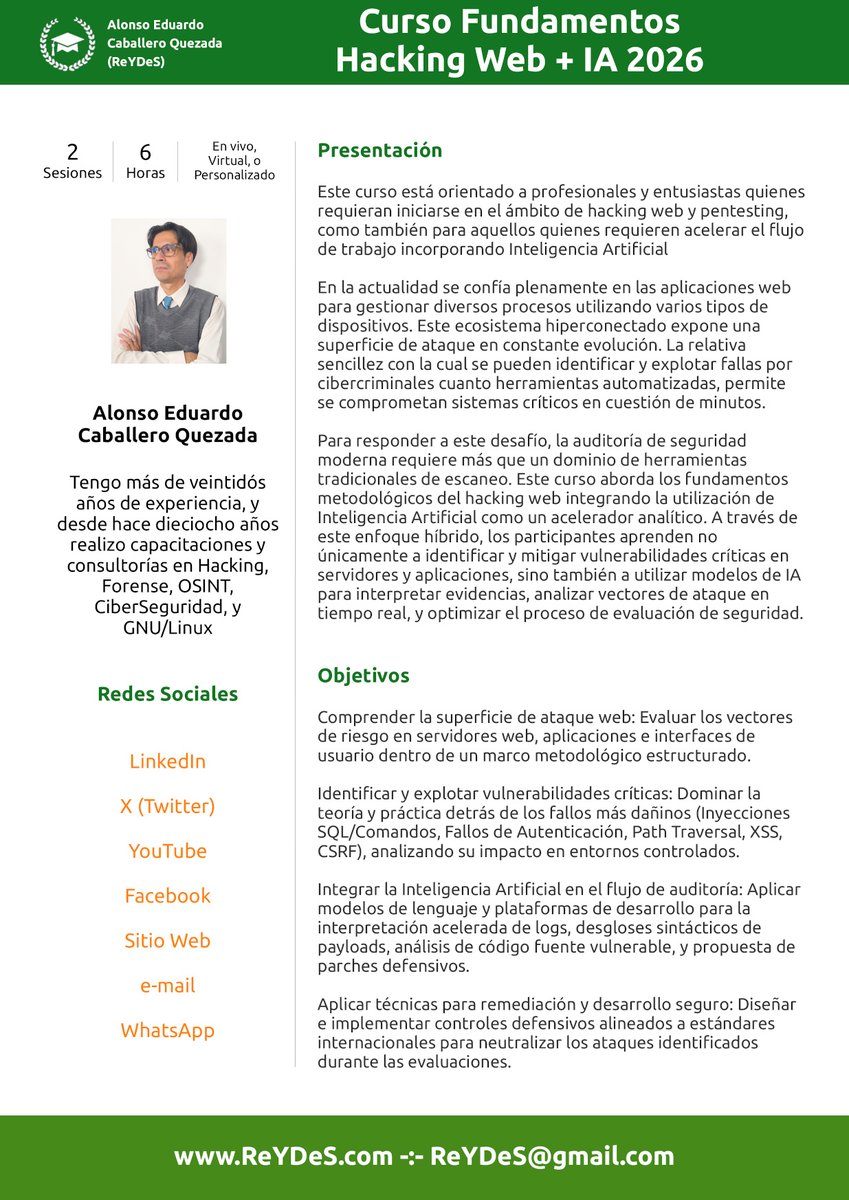 Alonso_ReYDeS's tweet photo. 🤖 Convierte a la Inteligencia Artificial ⚔️ en tu mejor copiloto para hacking web 🌐

🦂 Fundamentos de Hacking Web + IA
⭐️ Miércoles 23 y viernes 25 de setiembre 2026
⏳ De 8:00 pm a 11:00 pm (UTC -05:00)
📲 WhatsApp: https://t.co/3m2n63SL51
⚙️ https://t.co/N3aBapVDp7

#WebAppSecurity #WebSecurity #OWASP #Pentesting #PentestingTools #EthicalHacking #Hacking