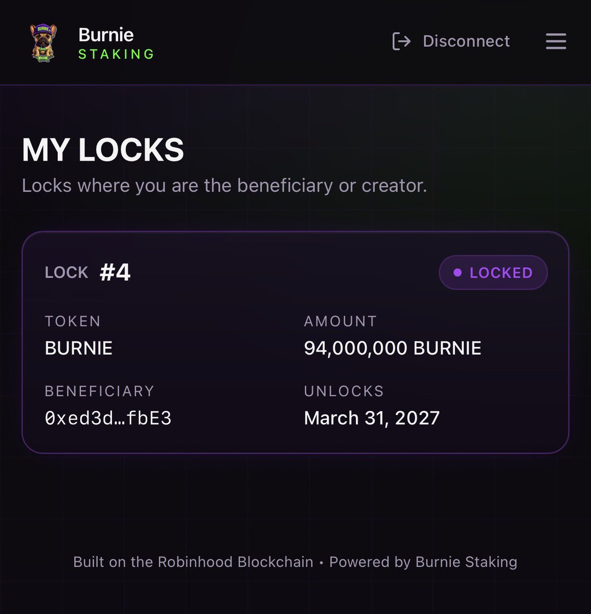 Burnie_Dex's tweet photo. Feed Burnie has locked Creation wallet $BURNIE tokens for 6months for transparency to our community on #Robinhood . This is a 6 moth lock. https://t.co/OBVgBnYVzW