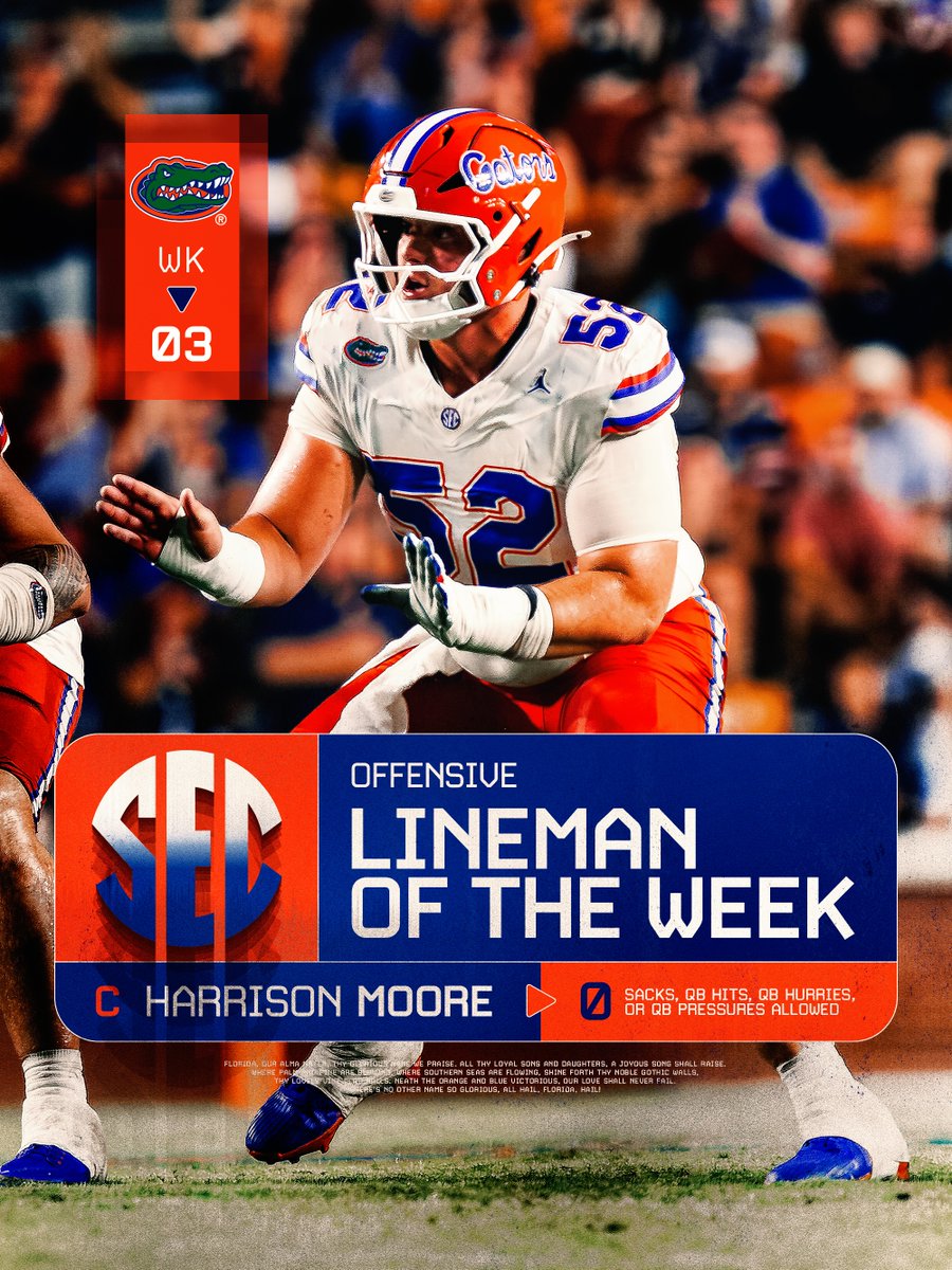 GatorsFB's tweet photo. Trench work 💪

Harrison Moore → @SEC Offensive Lineman of the Week 🐊 https://t.co/TuxO1gFM6V