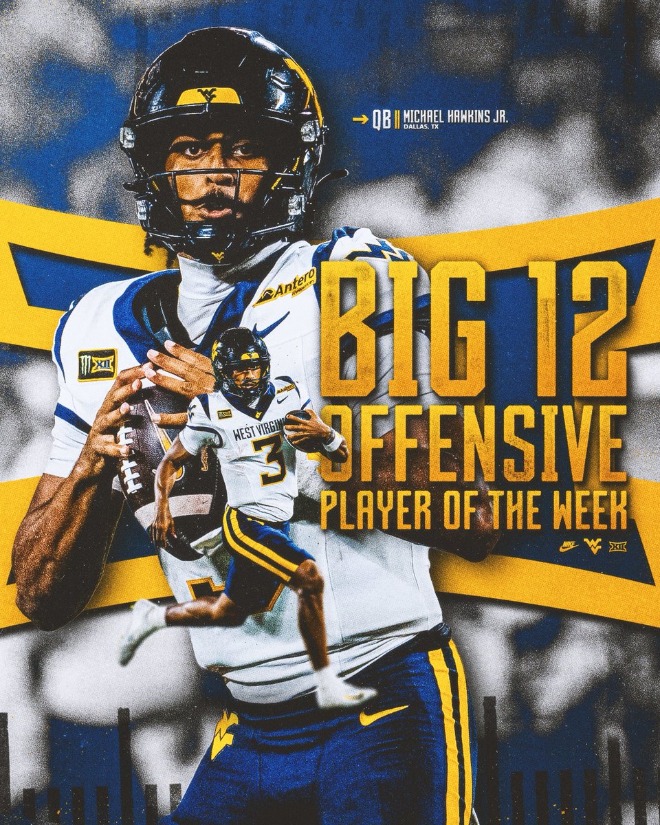 WVUfootball's tweet photo. ⭐️ 𝐁𝐢𝐠 𝟏𝟐 𝐎𝐟𝐟𝐞𝐧𝐬𝐢𝐯𝐞 𝐏𝐥𝐚𝐲𝐞𝐫 𝐨𝐟 𝐭𝐡𝐞 𝐖𝐞𝐞𝐤: Michael Hawkins Jr. 

@mikehawkinsj https://t.co/FRasgEr3j2