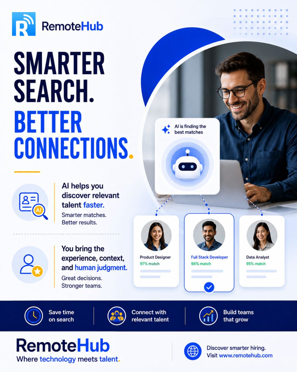 remotehub_com's tweet photo. Smarter search. Better connections.

Finding the right talent shouldn’t mean spending hours searching through profiles.

RemoteHub helps businesses discover relevant talent faster, while keeping human judgment at the center of every hiring decision.

#RemoteHub #AIHiring https://t.co/Cs1lSE6T97