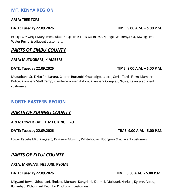 KenyaPower_Care's tweet photo. Good evening. The listed areas will be under planned power maintenance tomorrow ( 22.09.2026). The interruption is part of network maintenance. We regret any inconvenience that may occur during the operations. For advance notice, use https://t.co/SvRCLsHaiv. To access the latest schedule, check under the most recent date. You can also enjoy added convenience by chatting with Nuru via: https://t.co/8cjQP8YP2M. ^SM