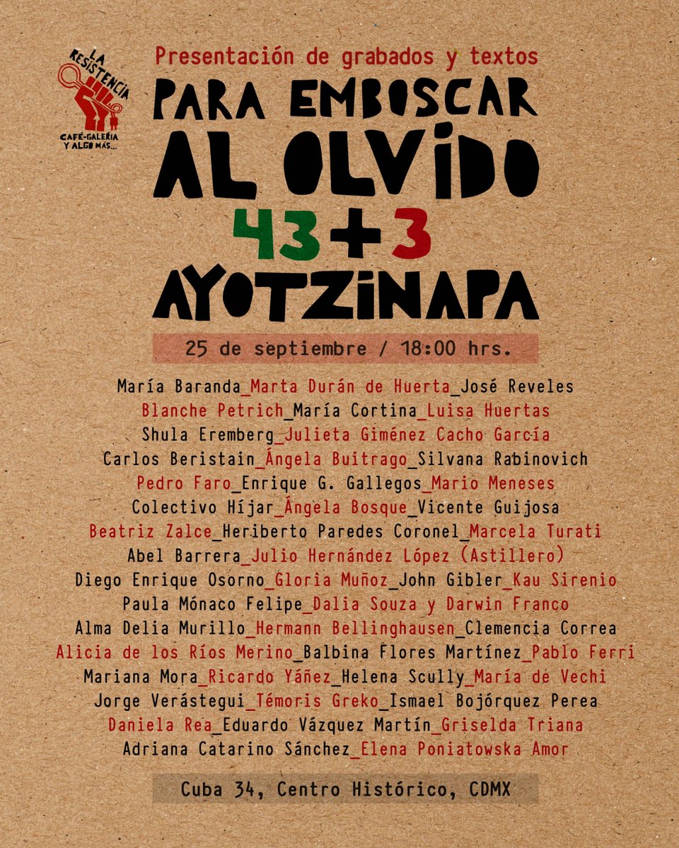 Desinformemonos's tweet photo. #DesAgenda | Para emboscar el olvido
46 grabados y 46 textos de periodistas, poetas y activistas, se presentan a 12 años de #Ayotzinapa.

Los rostros de los 43 estudiantes desaparecidos y los tres que fueron asesinados la noche de Iguala siguen interpelando.

#FueElEstado https://t.co/jCbtRir1Xg