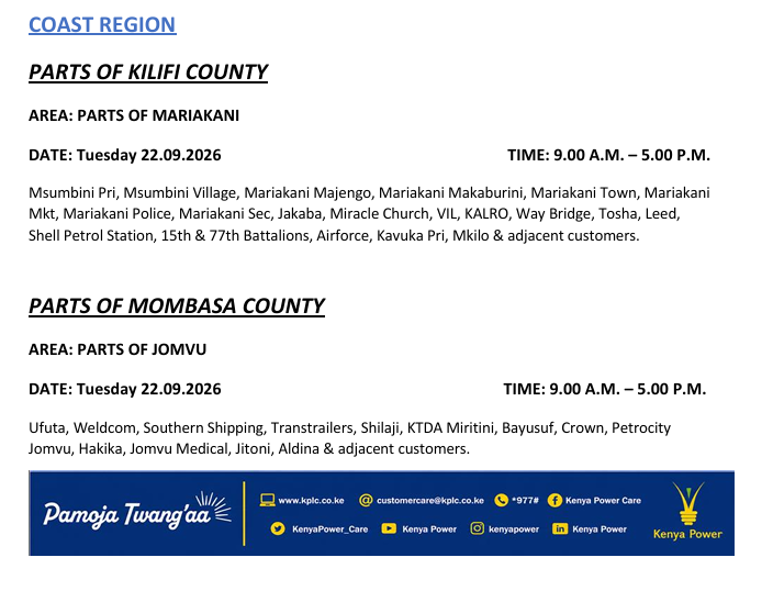 KenyaPower_Care's tweet photo. Good evening. The listed areas will be under planned power maintenance tomorrow ( 22.09.2026). The interruption is part of network maintenance. We regret any inconvenience that may occur during the operations. For advance notice, use https://t.co/SvRCLsHaiv. To access the latest schedule, check under the most recent date. You can also enjoy added convenience by chatting with Nuru via: https://t.co/8cjQP8YP2M. ^SM