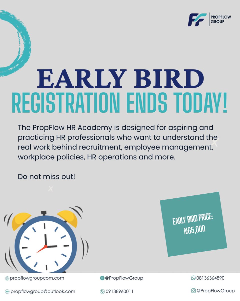 PropflowGroup's tweet photo. EARLY BIRD ENDS TODAY.

If you’ve been waiting to register for the PropFlow HR Fundamentals Certificate Course, this is your chance!

6 weeks. Fully virtual. Practical HR fundamentals. Certificate on completion.

Registration closes tonight.

Register now: https://t.co/O1ffql2cgb https://t.co/RpyAK0TeSR