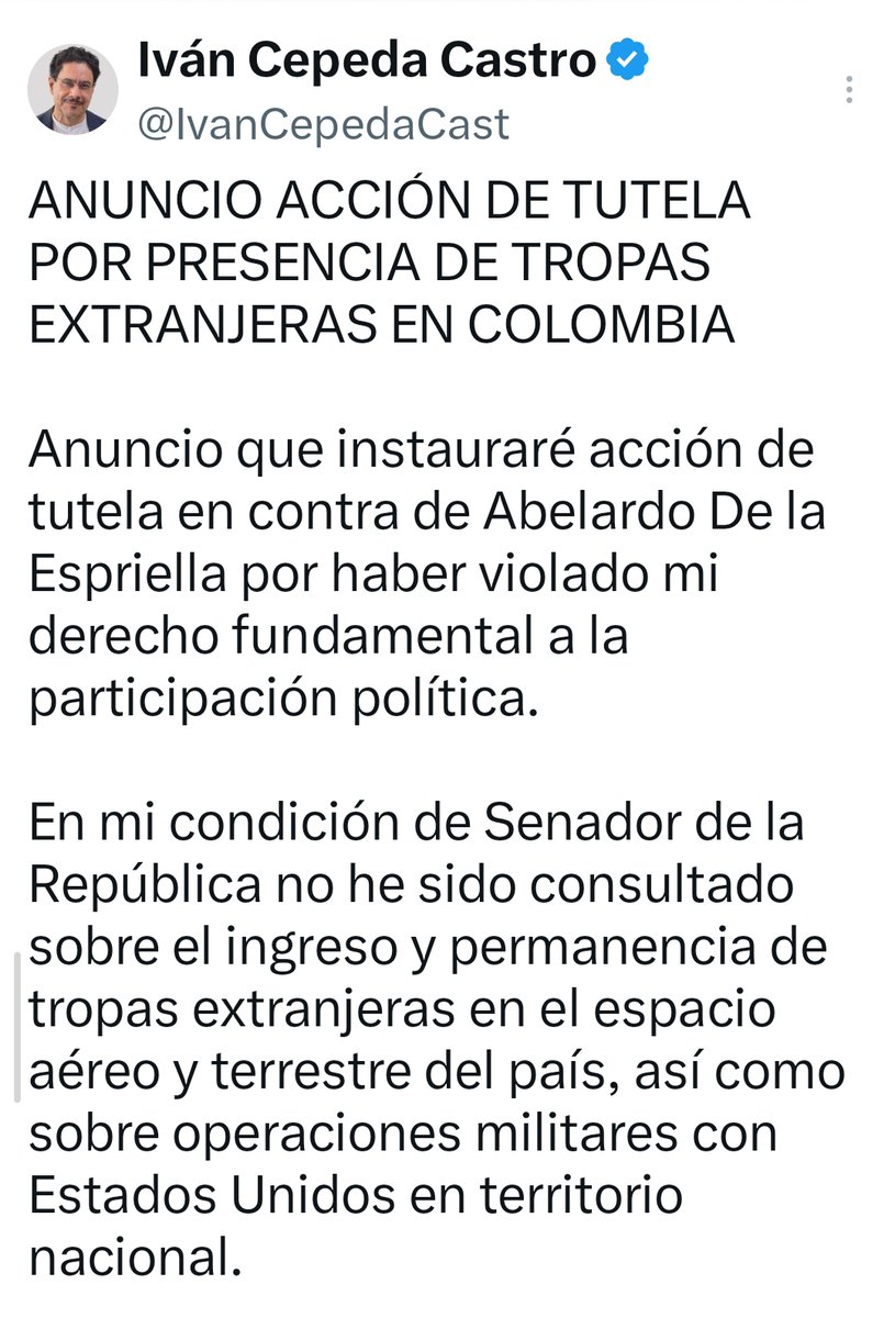 UltimaHoraCR's tweet photo. #POLÍTICA | El senador Iván Cepeda (@IvanCepdaCast) anunció que interpondrá una tutela contra el presidente Abelardo De la Espriella por la presunta violación de su derecho a la participación política, tras el ingreso y permanencia de tropas estadounidenses en Colombia sin autorización previa del Senado.

Vía: @jimmyavila

https://t.co/woHMRjVE2M
