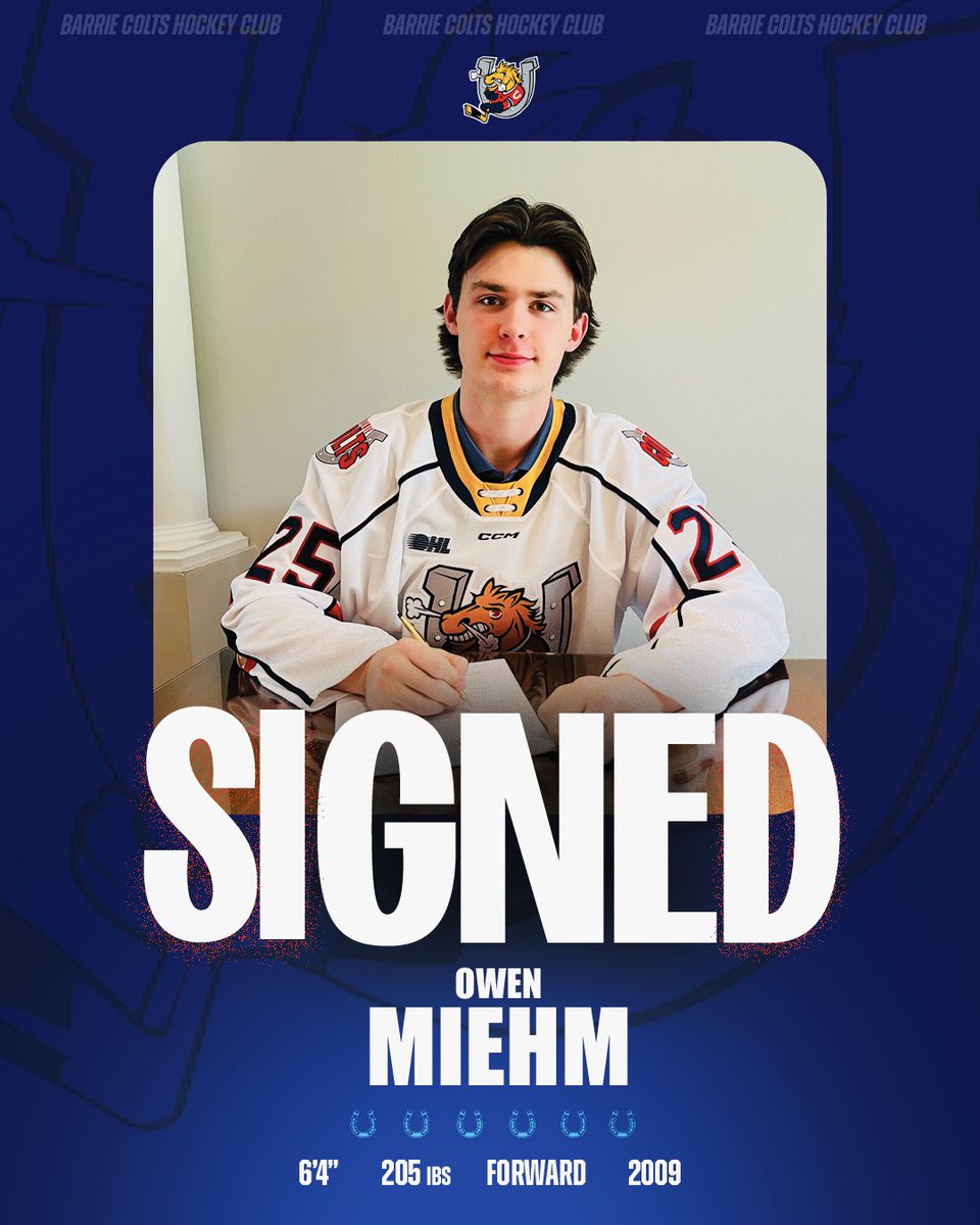 OHLBarrieColts's tweet photo. We’ve signed forward Owen Miehm to an OHL Scholarship and Development Agreement. 

Miehm was selected in the fifth round (93rd overall) by the Barrie Colts in the 2025 OHL Priority Selection. 

Welcome to the barn, Owen! 🤠

#GiddyUp #BetterEveryDay @OHLHockey https://t.co/j57Aa6ETE4