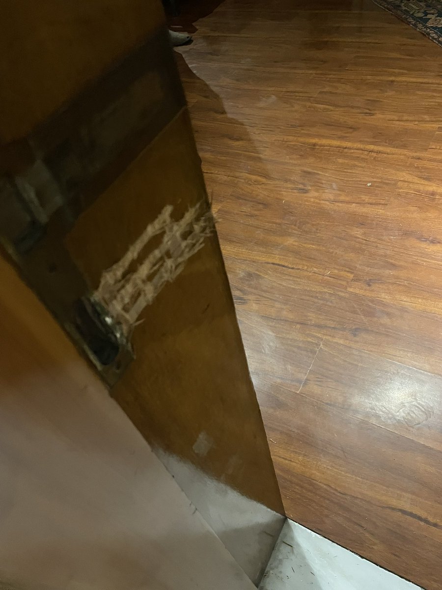 KhanShershah's tweet photo. Look closely at this door.

The footprints from their boots are still there.

Last night, police personnel repeatedly kicked at my aunt Uzma Khan’s (@DrUzma_KhanPK) bedroom door until it gave way.
@Noreen_KhanPK https://t.co/AgoDWNleTs