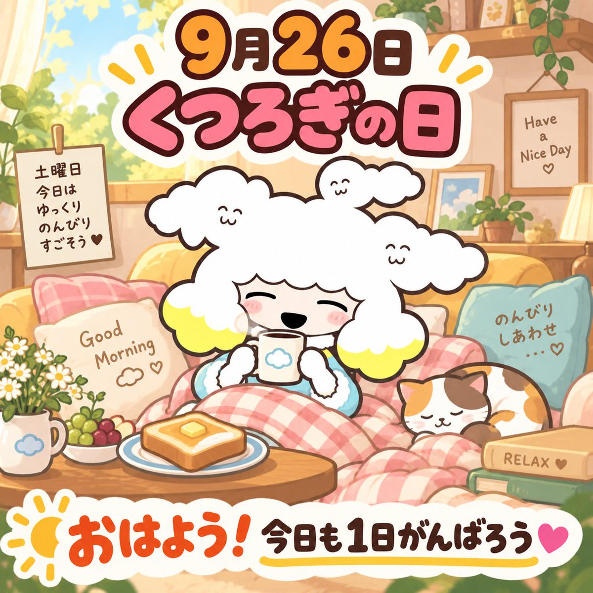 crossunion0314's tweet photo. おはようございます☁️
今日9月26日は「くつろぎの日」🛋️
週末はふわふわ雲みたいにのんびりと☁️
今日も1日がんばりましょう！
#企業公式相互フォロー #企業公式さんと繋がりたい #あつまれ企業キャラ #企業公式がお疲れ様を言い合う #企業公式つぶやき部 #企業公式キャラ https://t.co/qN3i5GapUP