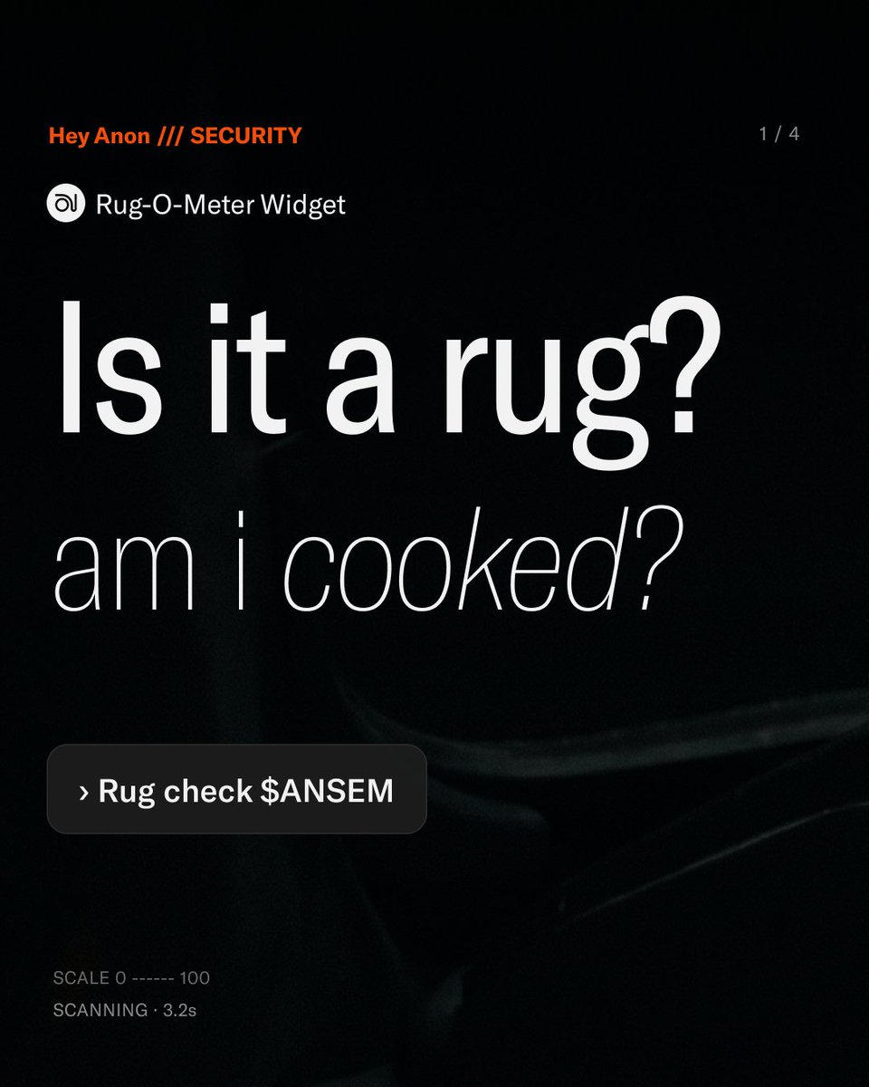 HeyAnonai's tweet photo. Rug-o-Meter Widget

→ Detect rugs, before they get pulled.

→ Identifies sophisticated funding, distribution, and deployment techniques used by developers to hide their supply control.

→ Available for tokens on Solana.

https://t.co/nwUszKJgNi