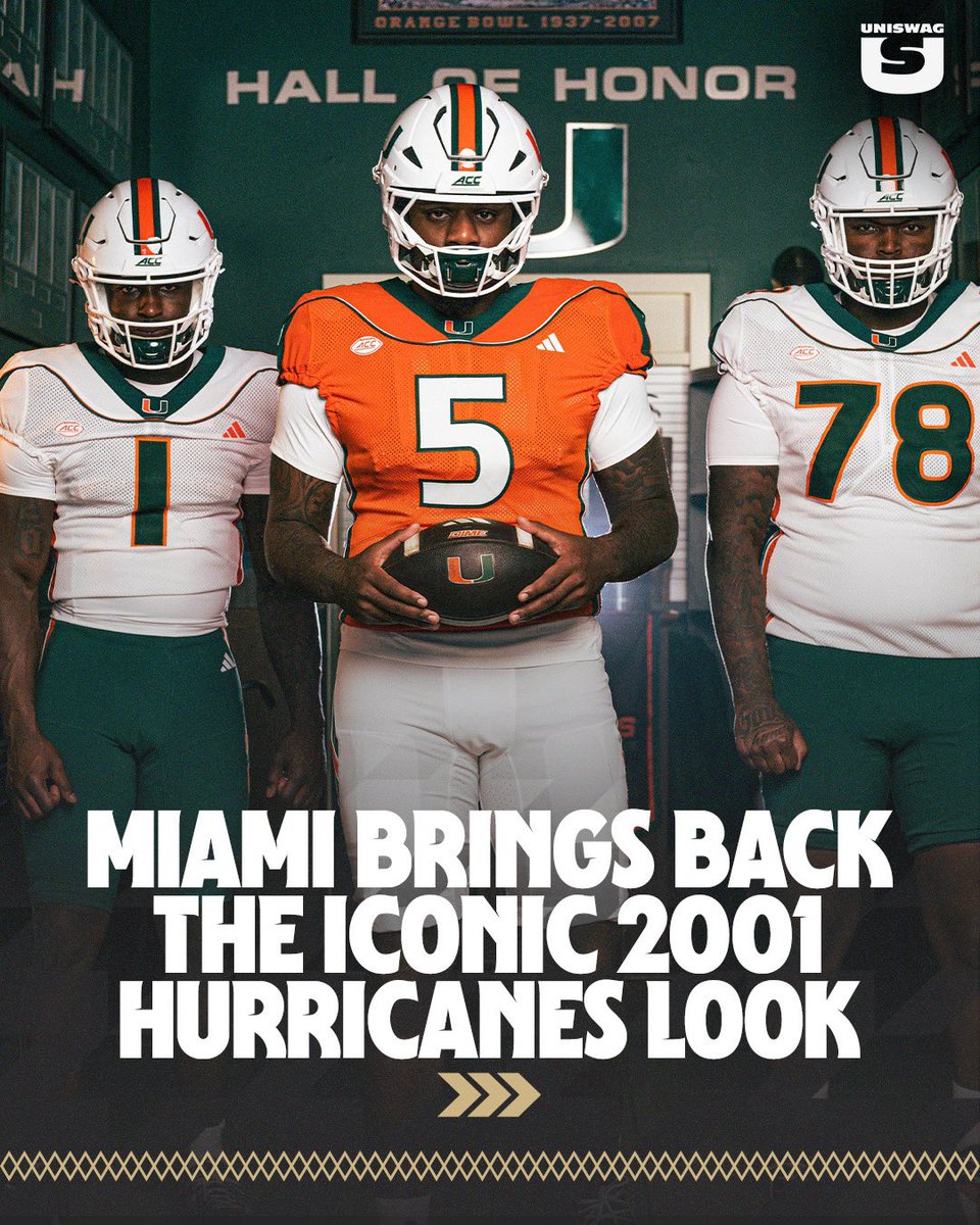 UNISWAG's tweet photo. Miami is bringing back one of the most iconic looks in college football.

The @CanesFootball will wear throwback uniforms inspired by the legendary 2001 national championship team, recreating one of the most recognizable looks in program history as adidas enters its final season with Miami.

#uniswag