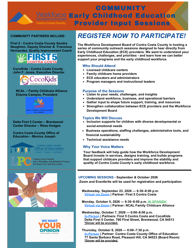 WDBCCC's tweet photo. Early Childhood Education professionals &amp; childcare providers in #ContraCostaCounty—we want to hear from you at our upcoming Input Sessions! 

Virtual - 6:30-8 pm
-9/23: https://t.co/CBNi15U1xq 
-10/5: https://t.co/7Vm5loGkGs 

@116461448366641  @105751489096153 https://t.co/W5Jc2rRrIe