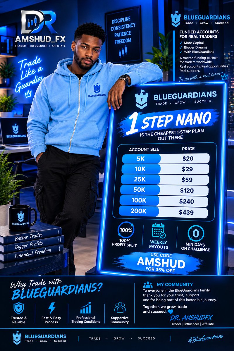 dr_amshudfx's tweet photo. 🚀 TRADE WITH @BlueGuardiancom

Ready to take your trading to the next level? 📈💙

With @BlueGuardiancom you can access funded trading accounts and focus on what matters most — trading, growing, and succeeding.

🔥 1-Step Nano Challenge
💰 Accounts from $5K to $200K
💸 100% Profit Split
📅 Weekly Payouts
🎯 Multiple Account Sizes

And you can get 35% OFF with my exclusive code:

🎟️ CODE: AMSHUD

Your trading journey starts with one step.
Trade. Grow. Succeed. 💙

#BlueGuardians #ForexTrading #PropFirm #FundedTrader #TradingCommunity #ForexTrader #TradeGrowSucceed #DrAmshudFX