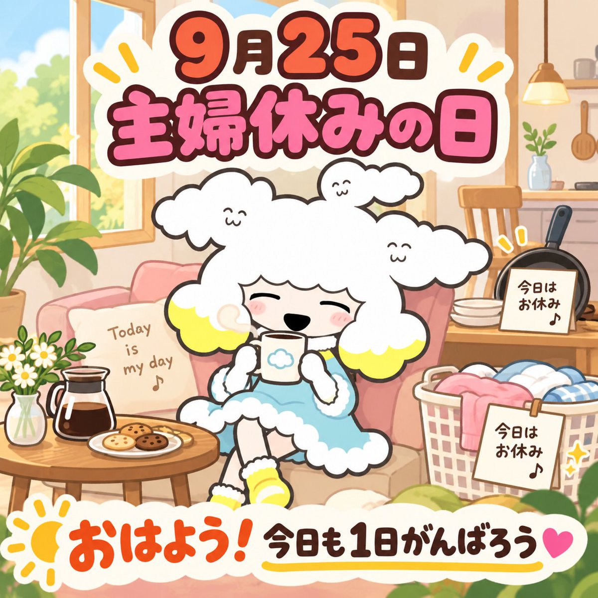 crossunion0314's tweet photo. おはようございます☁️
今日9月25日は「主婦休みの日」☕
いつもがんばる方もひと休みの日です
今日も1日がんばりましょう！
#企業公式相互フォロー #企業公式さんと繋がりたい #あつまれ企業キャラ #企業公式がお疲れ様を言い合う #企業公式つぶやき部 #企業公式キャラ https://t.co/cdszMB84lk
